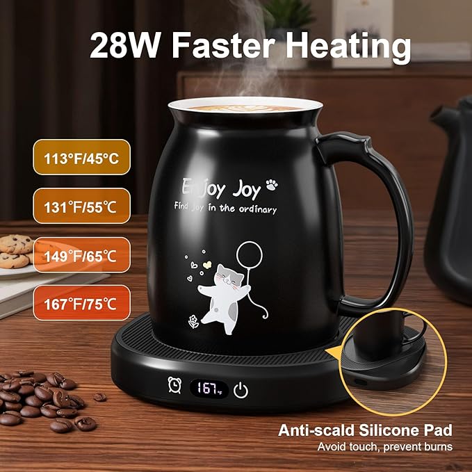 Coffee Mug Warmer with Cute Cat Mug Set, 8 Hour Auto Shut Off Cup Warmer for Desk Office Home, Candle Beverage Electric Coffee Warmer with 4 Temperature Setting, Christmas Birthday Ideas for Women Men