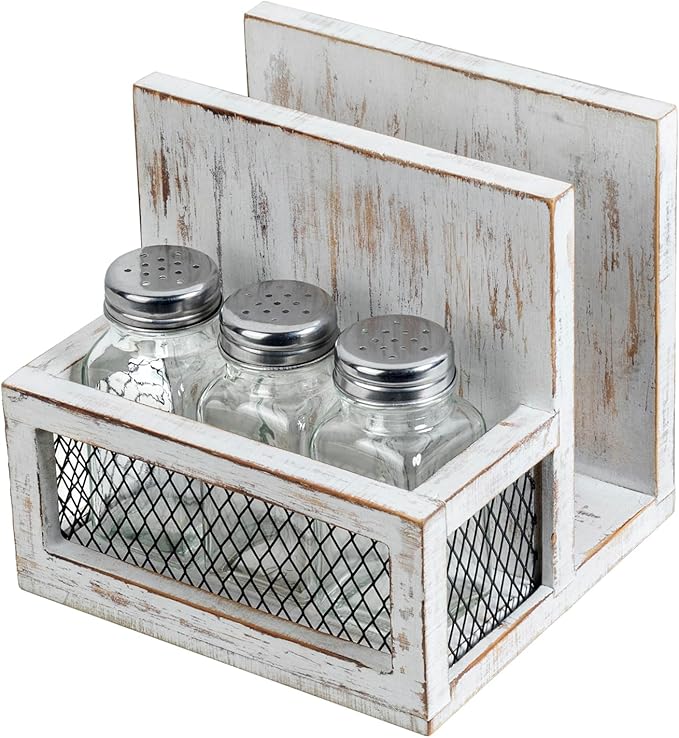 FARM IN Napkin Holder, Farmhouse Multifunctional Napkin Holder with Salt and Pepper Shakers Holder for Home and Commercial Use, Rustic Solid White Washed Wood & Diamond Metal Wire Mesh