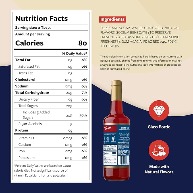 Torani Cherry Lime Syrup for Drinks, Flavoring for Iced Tea, Lemonade, Sodas, and Cocktails, Glass Bottle with Pump Included, 25.4 Fl Oz