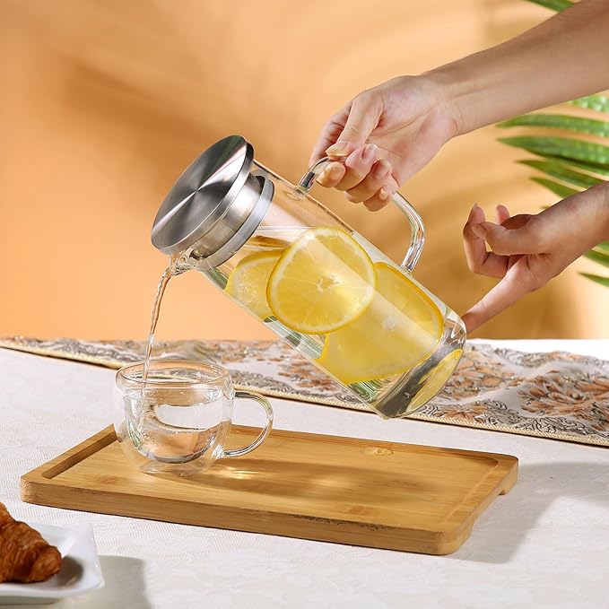 Glass Pitcher With Lid and Spout - Iced Tea and Beverage Pitcher for Fridge, Small Water Jug 1000ml/34oz