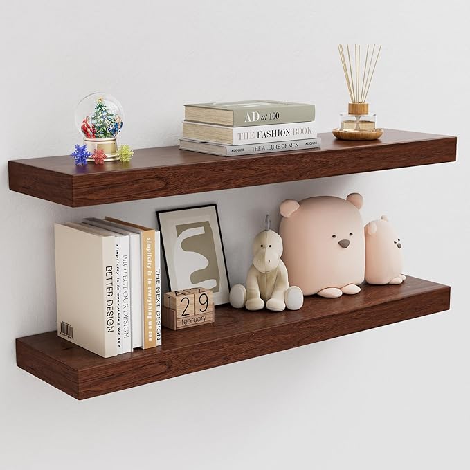 Walnut Floating Shelves, 2 Inch Thick Wooden Floating Shelves for Wall Mounted, 8 Inch Deep Shelves Over Toilet, 32"x8" Wall Shelves for Kitchen Living Room Bathroom, 50LBS Capacity, Set of 2