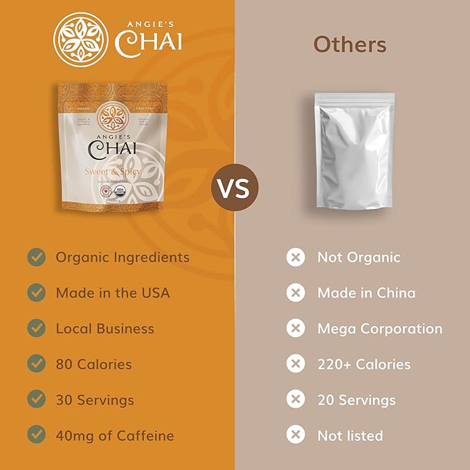 Angie's Chai Sweet & Spicy Organic Instant Chai Tea Powder - Made in USA, Delicious Spiced Chai Powder Mix, 30 Servings, 80 Calories, Handcrafted, Free of Artificial Ingredients, Natural Indian Spice