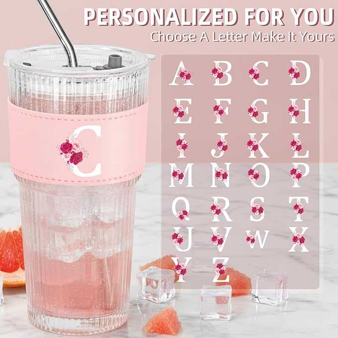 Personalized Gifts for Women,20oz Ribbed Glass Tumbler,Monogrammed Gifts for Women,Birthday Gift,Ice Coffee Mug,Christmas Gift for Mom Sister-C