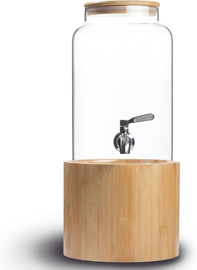 Kitchentoolz 1 Gallon Glass Drink Dispenser for Parties on Bamboo Stand - Premium Borosilicate Beverage Jar with Stainless Steel Spigot - Lemonade, Water, Sun Tea, Kombucha for Spa