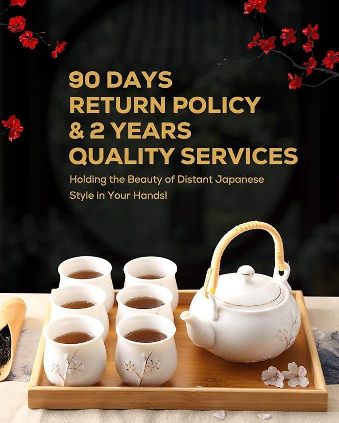 Dujust Japanese Tea Set, White Porcelain Tea Set with 1 Teapot Set, 6 Tea Cups, 1 Tea Tray, 1 Stainless Infuser, Cute Asian Tea Sets for Adults/Tea Lover/Women/Men (Plum in Golden)
