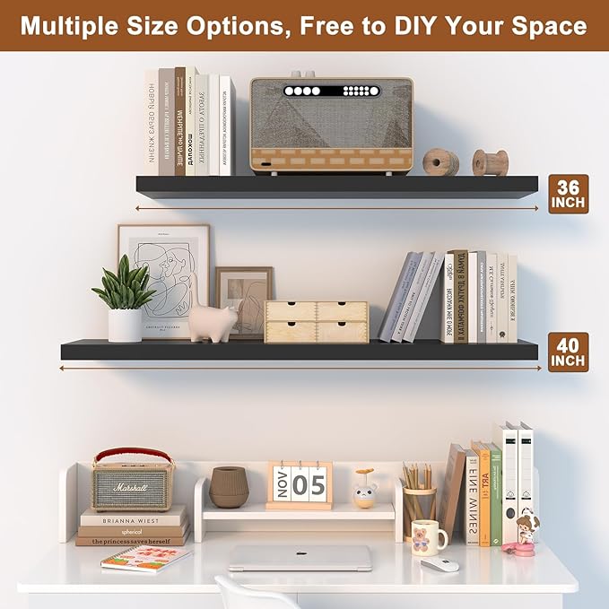 12 Inch Deep Floating Shelves for Wall 3 Pack Floating Shelfs Large Storage Space Wall Decor Display Shelf for Bathroom Living Room Bedroom Kitchen 48" W x 12" D x 1.2" H Black