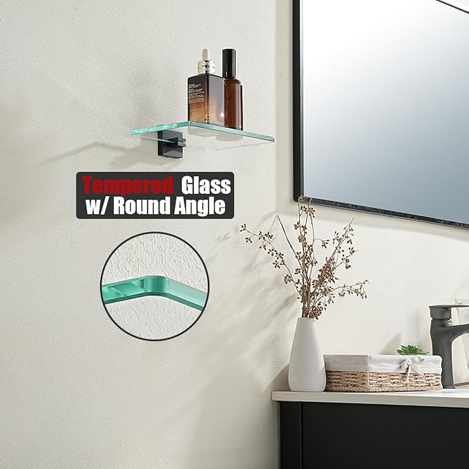 JQK Bathroom Glass Shelf Black, Tempered Glass Shower Storage 8 by 5 inches, 304 Stainless Steel Matte Black Wall Mount, TGS201L8-PB