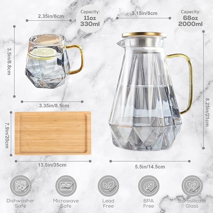 DUJUST Black Diamond Glass Pitcher Set (68 oz) with 4 Cups & 1 Tray, Modern Water Pitcher with Handle, Durable Jug for Fridge, Glass Carafe for Iced Tea/Juice/Beverage/Coffee/Drinks