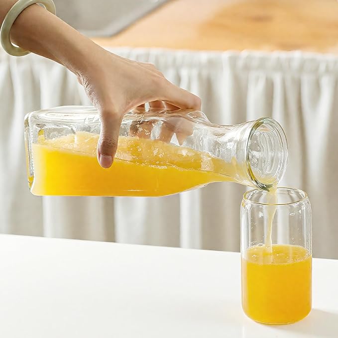 35 Oz Square Glass Carafe with Bamboo Lid, Beverage Dispensers, Mimosa Bar Supplies, Clear Glass Pitcher with Name Labels for Iced Tea, Coffee,Juice(Pack of 4)