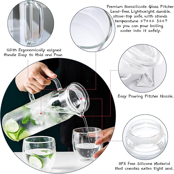 hjn Glass Water Pitcher with Lid Glass Water Carafe with Handle, Fridge Water Jug for Cold or Hot Beverages,Iced Tea,Milk,Juice 1500ml/51oz & glass lid