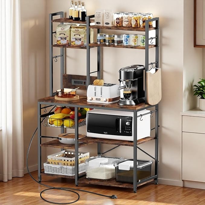 Luckyeestar Kitchen Bakers Rack with Power Outlet, 35.4" 6-Tier Microwave Stand, Coffee Bar with 12 S-Shaped Hooks, Adjustable Feet Pads&150lbs CapacityKitchen Shelf with Wire Basket, Rustic Brown