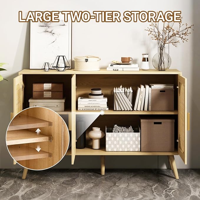 Storage Cabinet with Rattan Doors, Modern Farmhouse Coffee Bar Cabinet, Sideboard Buffet for Living Room, Entryway, Dining Room and Kitchen, Natural (Style Two)