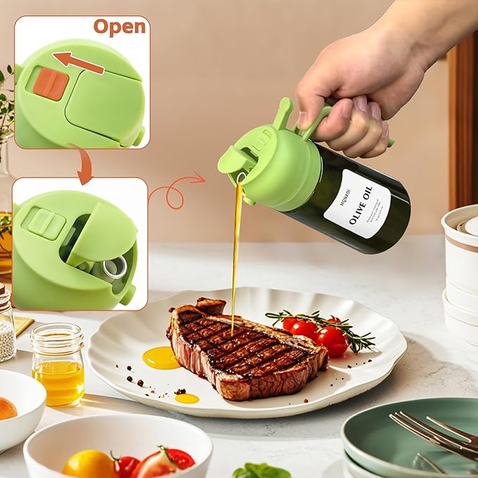 2 in 1 Glass Oil Sprayer & Dispenser,16oz/470ml Olive Cooking, Air Fryer, and Salad, for Kitchen Gadgets and Air Fryer Accessories, w/Stickers (Black + Dark Green Bottle 2)