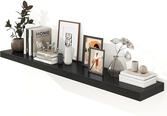 72 Inch Black Floating Shelf | 12 Inch Deep Floating Shelves Set of 1 | 72" D x 12" D Rustic Wood Shelves for Wall | Deep Black Shelves for Living Room Bathroom Laundry Room Kitchen