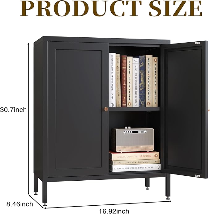 Small 2 Transparent Door Metal Storage Side Buffet Cabinet for Bed Room,Living Room,Entryway,Hallway,Home,Hotel,Office,Garage,Kitchen,1 Removable Shelf. (Square Door, Black)