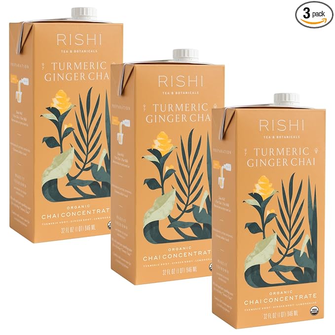 Rishi Tea Turmeric Ginger Chai Latte - Organic Herbal Tea Concentrate with Ginger, Easy-to-Serve Hot or Iced Caffeine Free Chai Mix - 32 oz Carton, 8 Servings (Pack of 3)