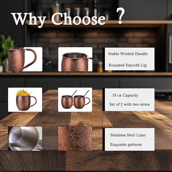 Moscow Mule MugsSet of 2-18 Oz Copper-Plated Fine Craftsmanship Etched Mugs,304 Stainless Steel-Lined Mule Cups,For Cold Drinks, Beer, Wine, Bars, Parties