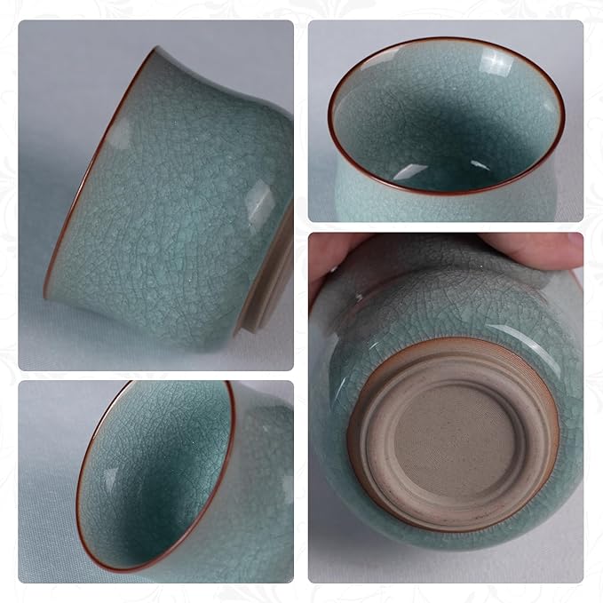 KAMMAK Tea Cup Set of 2 Porcelain Small Tea Cups 3.2oz Japanese Tea Cup Set, Asian Ceramic Teacups for Home, Party, Office, Chinese Kung Fu Tea Set for Hot/Cold Drink (Waist- Ice Crackle Glaze)