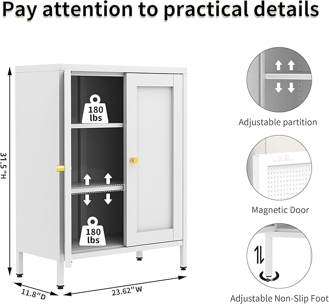 White Metal Storage Cabinet with 2 Doors - 31.5''H Bathroom Floor Storage Cabinet, 3 Tier Locker with Adjustable Shelves, Bathroom Cabinet for Office, Home, Living Room, Kitchen