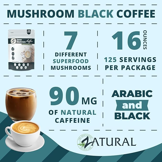 Zatural Mushroom Coffee, 125 Servings Instant Natural Black Blend with Lion's Mane, Chaga, Cordyceps, Turkey Tail, Shiitake, Reishi, 1 Pound