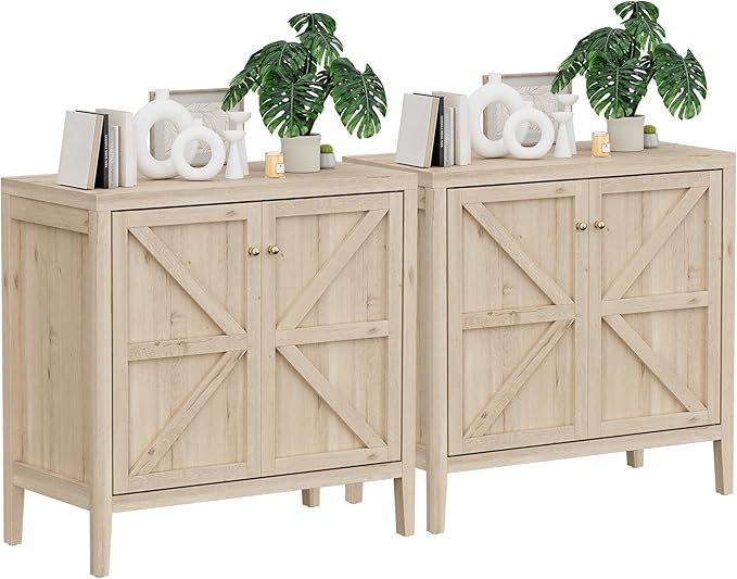 Wood Sideboard Buffet Cabinet with Doors - Farmhouse Kitchen Storage Cabinet, Coffee Bar Console Table with Adjustable Shelves, Buffet Table for Living Room, Hallway (White Oak, 2 PCS)