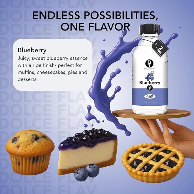 Dolce Flav Blueberry Extract – 8 Ounce Oil-Soluble Kosher, Sugar-Free, Concentrated Ripe Blueberry Flavoring for Baking, Chocolates & Desserts