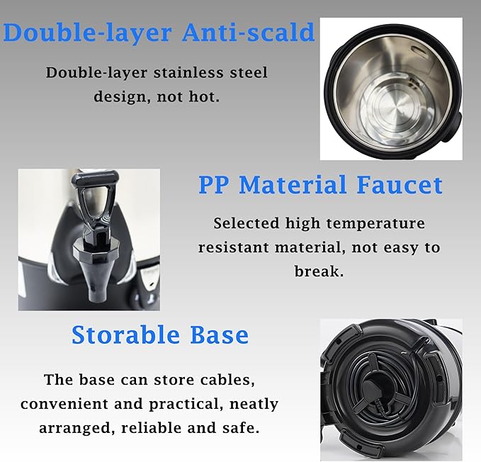 Commercial Electric Kettle Warmer Stainless Steel Hot Water Dispenser Hot Water Boiler And Warmer with Faucet Quick-Temp or Boil for Tea Coffee 1500W 11.6 Liter Capacity