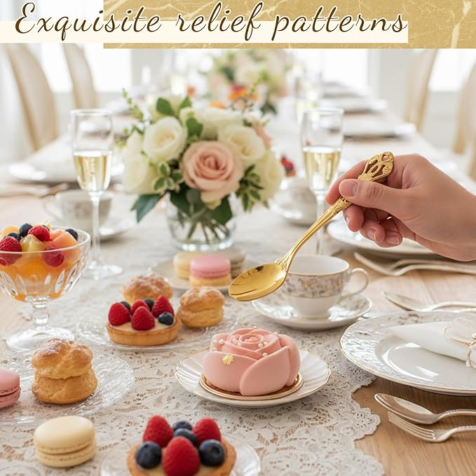 Dandat 20 Pcs 4.9" Gold Luxury Teaspoons Stainless Steel Gorgeous Tea Party Spoons Dessert Spoons for Stirring Coffee Sugar Drink Kitchen Cafe Bar Wedding Tableware, Vintage Style