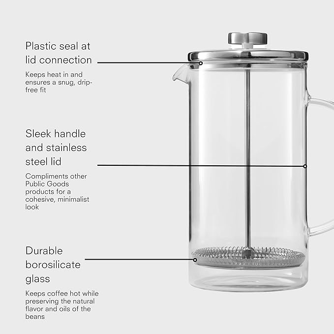 Public Goods 34 oz. French Press Coffee Maker | 1 Liter High-Heat Borosilicate Glass French Press | Stainless Steel Lid | Heat-Resistant, Durable, Dishwasher Safe