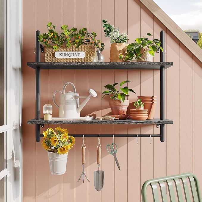Bestier Pipe Shelf Industrial Floating Shelving 31" Kitchen Wall-Mounted Shelf Towel Bar Hooks Coffee Bar Shelves Wine Hanging Display Rack Bookshelf Living Room Decor Bathroom-Charcoal Black
