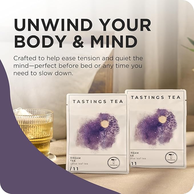 Tastings Tea Dream Loose Leaf, 1.2 oz | Calm Herbal Sleep Blend with Chamomile, Valerian & Lemon Grass | Natural Antioxidants for Wellness & Bed | Small Batch & Sustainably Sourced | Resealable Pouch