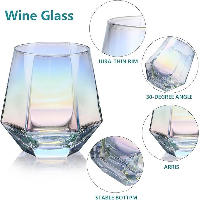 CUKBLESS Wine Decanter And Glasses Set of 4, Diamond Iridescent Wine Carafe With Cork Ball Stopper, Hand Blown Glass, for Wine Lovers