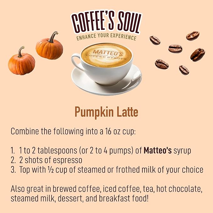 Matteo's Pumpkin Latte Syrup for Coffee, Lattes, Cappuccinos & Desserts – Sugar-Free Sweetener for Beverages, Keto Friendly, Zero Calories, Indulgent Flavor, Non-Alcoholic, 33.8oz (1pk)
