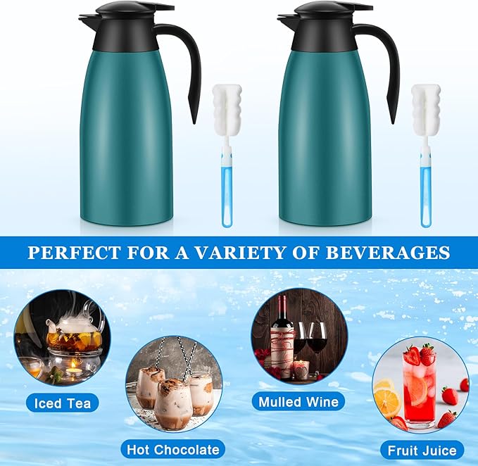 Uiifan 2 Pcs 68oz Thermal Carafe Insulated Stainless Steel Carafe Double Walled Vacuum Flask with Brushes for Keeping Coffee Tea for 12 Hours (Green)