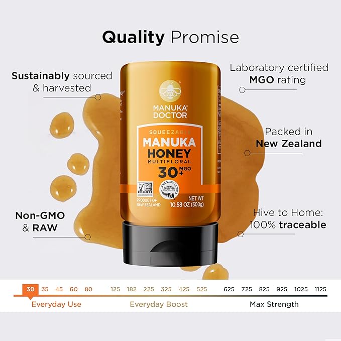 Manuka Doctor - MGO 30+ Squeezy Manuka Honey Multifloral, 100% Pure New Zealand Honey. Certified. Guaranteed. Raw. Non-GMO (10.58 oz)