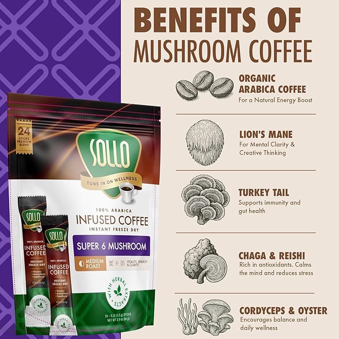 Sollo Super 6 Mushroom Blend Instant Coffee Sticks – 24 Servings | 6 Functional Mushrooms + Vitamins | Medium-Dark Roast 100% Arabica | Freeze-Dried | Single-Serve Sticks
