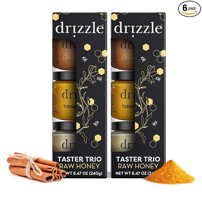 Drizzle Honey Taster Trio - All Natural Pure Raw Honey, Unfiltered, White, Cinnamon Spiced, & Turmeric Gold Mini Jars, Use in Tea & Coffee, Sugar Substitute, Certified Kosher - Pack of 6