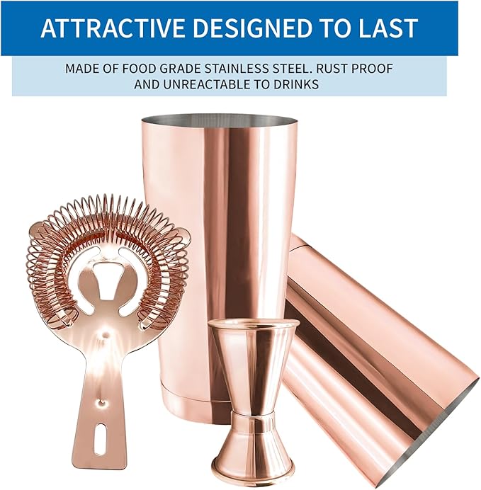 Boston Cocktail Shaker Bar Set, Weighted Boston Shaker Tins, Bartender Kit with 18oz & 28oz Mixed Drink Shaker, Hawthorne Strainer, Double Measuring Jigger - Rose Gold