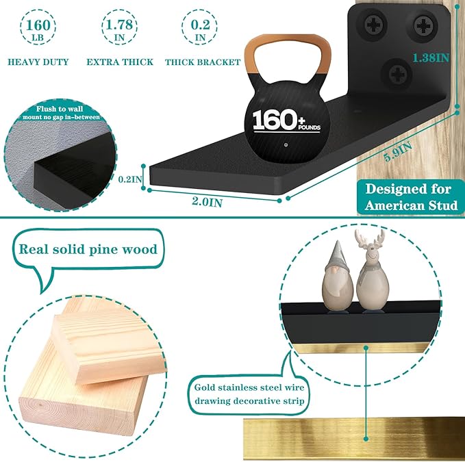 Thick 1.78 Inch Black and Gold Foating Shelves With Thicked 1/5 Inch Heavy Duty Bracket,Black Gold Shelf Pine Wood Long 36 ×7.87 Inch Wall Shelves With Stainless Steel Trim Strip for Bedroom Set of 2