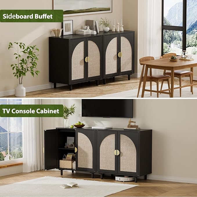 Black Rattan Sideboard Buffet Cabinet with Doors and Shelf, Rattan Accent Cabinet with Wood Feet, Boho Storage Cabinet for Living Room, Kitchen, Entryway