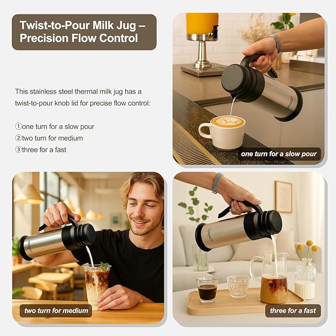 Creamer Pitcher for Coffee,1L/34 Oz Thermal Coffee Carafe,Stainless Steel Coffee Carafes for Keeping Hot and Cold,Double-Wall Design,12-Hour Hot & Cold,Leak-Proof, Portable for Travel,Camping,Office
