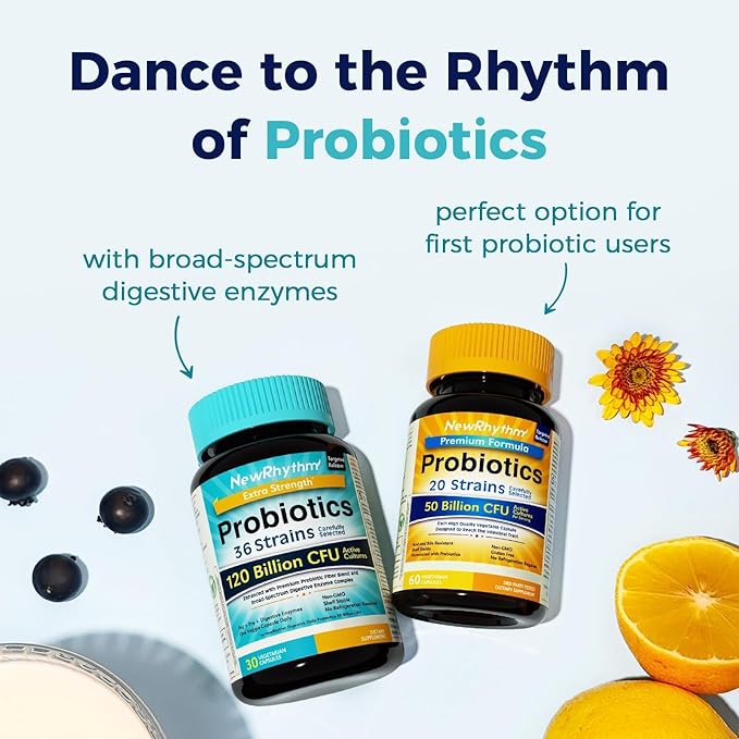 NewRhythm Probiotics 120 Billion CFU 36 Strains, 3-in-1 Probiotics with Prebiotics & Enzymes, Probioticos for Women & Men, Vegan Targeted Release Supplement, 30ct