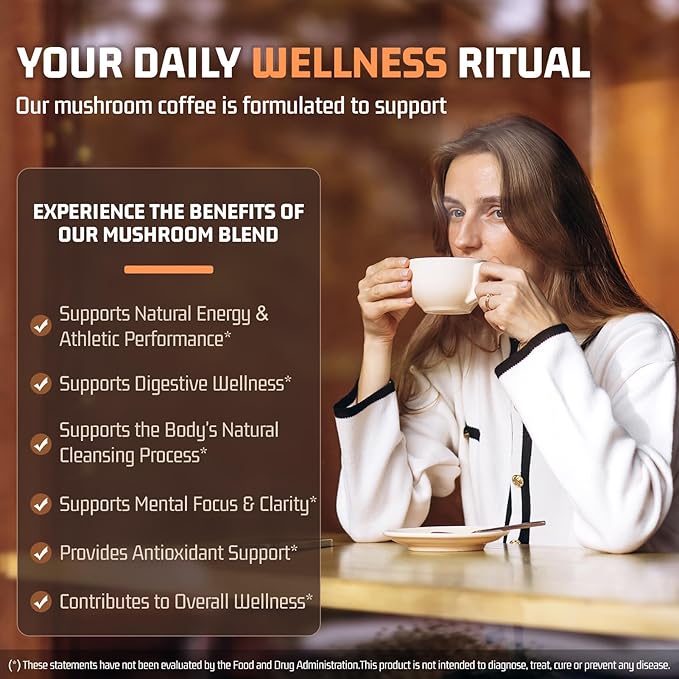 Mushroom Coffee 11 in 1 Mushrooms with Ashwagandha, Lion's Mane, Reishi, Cordyceps, Shiitake, King Oyster & Turkey Tail,Instant Coffee Powder for Boosts, Energy, Focus & Immunity Support(30 Servings)