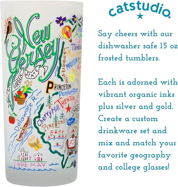 Catstudio Drinking Glass, New Jersey Frosted Glass Cup for Kitchen, Drinking Glasses, 15oz Dishwasher Safe Tumbler for New Jersey Lovers
