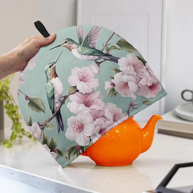 Hummingbird Tea Cosy for Teapot Peach Blossom Tea Cozy for Teapot Insulated Tie-Dye Kitchen Accessory Thick Teapot Cover Dust Home Decorative