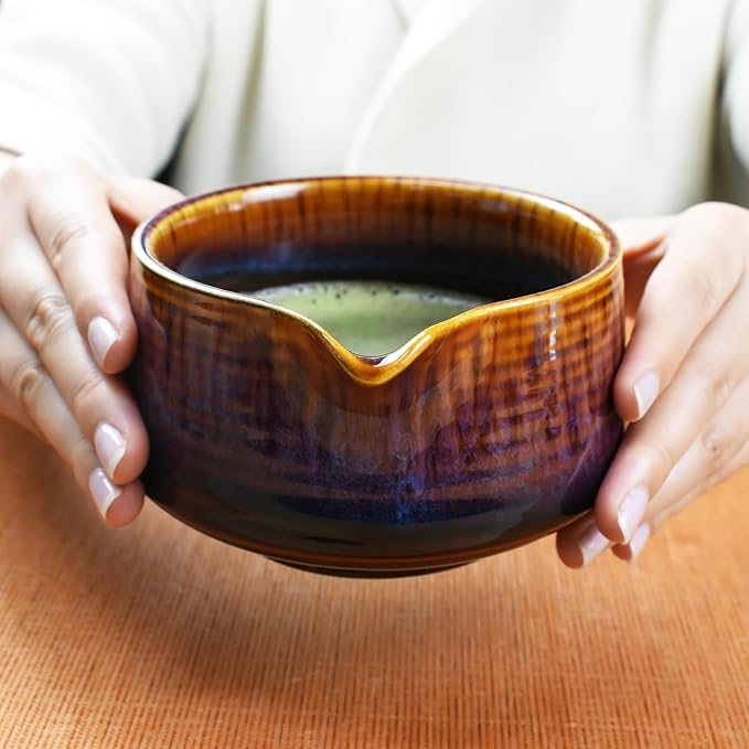 Artcome Matcha Tool Set - Complete Kit with Matcha Bowl with Spout, Bamboo Whisk, Tea Scoop & Whisk Holder, Red-Blue Glaze
