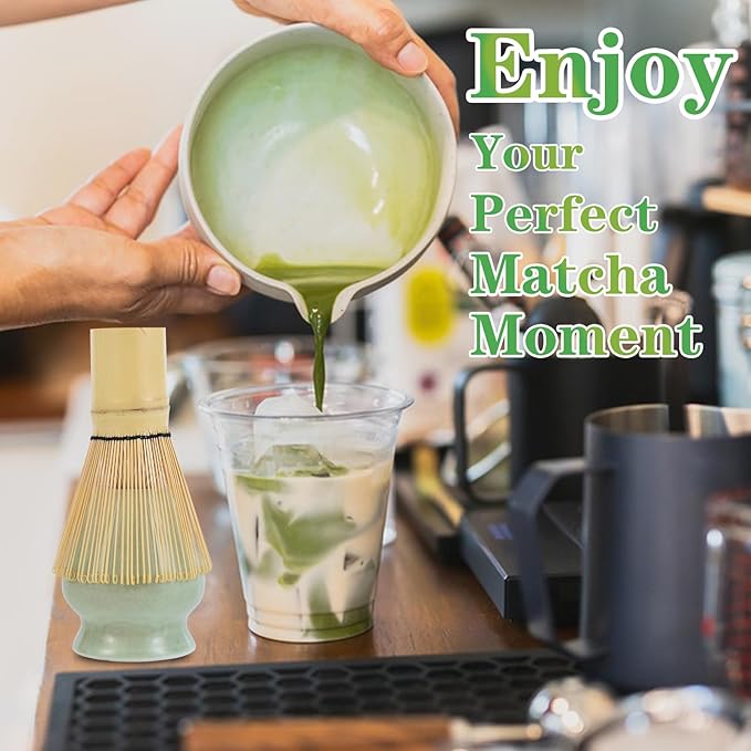 Matcha Whisk Set, Premium Ceramic Bowl with Spout, Bamboo Whisk, Chasen Holder, Sifter, Scoop, Complete Tea Making Kit for Matcha Lovers Christmas, Beginner Starter Set Matcha Tea Gift Green
