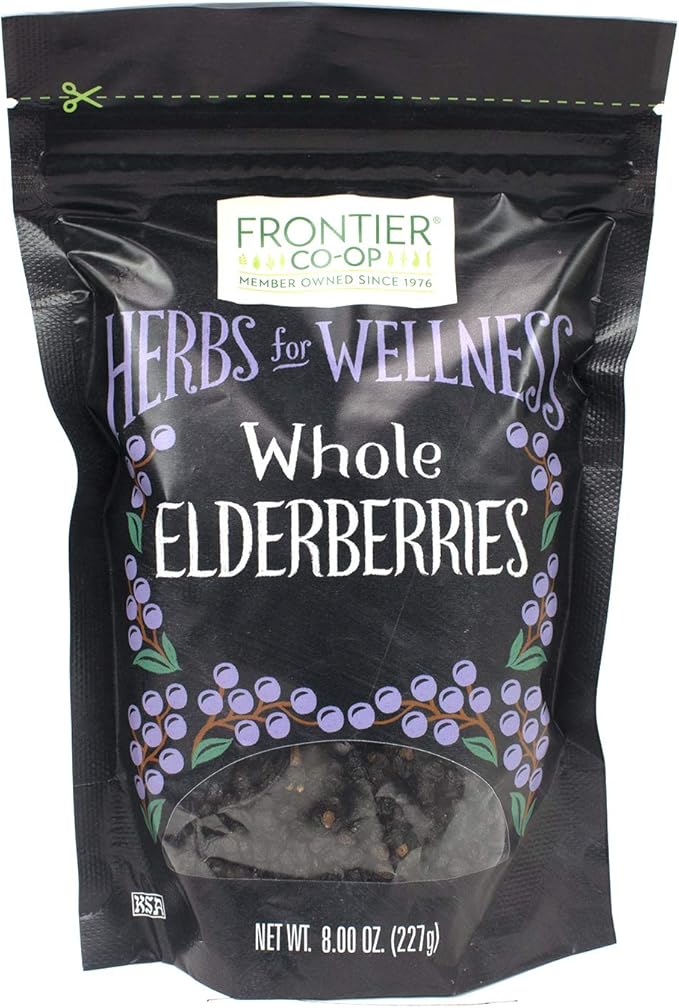 Frontier Co-op Dried Elderberries, 8oz Bag, European Whole, Kosher, Non-GMO | Elderberry Dried Fruit for Immune Support, Powder, Tea, Syrup, Gummies
