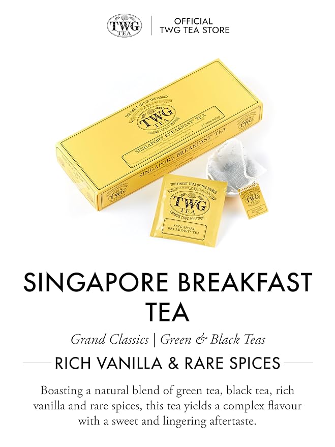 TWG Tea | Singapore Breakfast Tea | Black Tea & Green Tea | Vanilla & Spices | 15 Hand Sewn Cotton Tea Bags| Gift Set