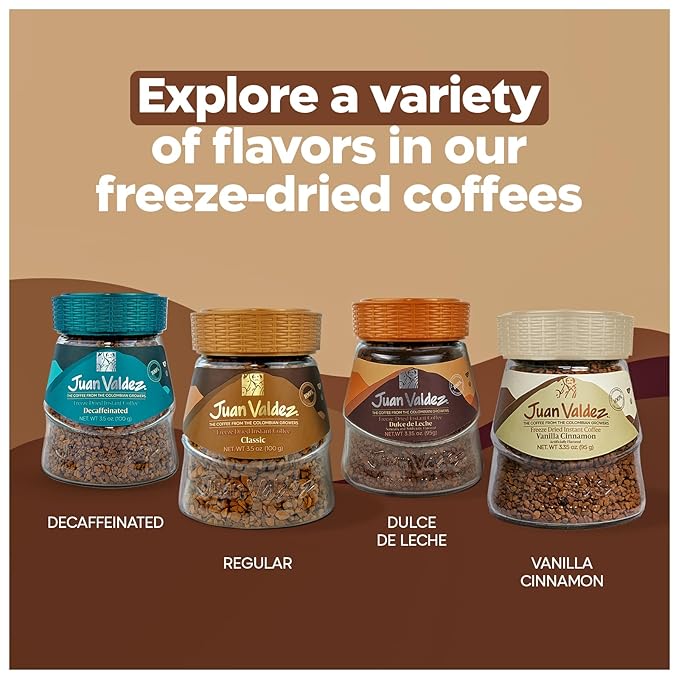 Juan Valdez Freeze-Dried Instant Coffee Bundle - Regular (3.5 oz), Decaf (3.5 oz), Dulce de Leche (3.35 oz) & Vanilla Cinnamon (3.35 oz) | 100% Colombian Arabica Beans | Premium Colombian Coffee